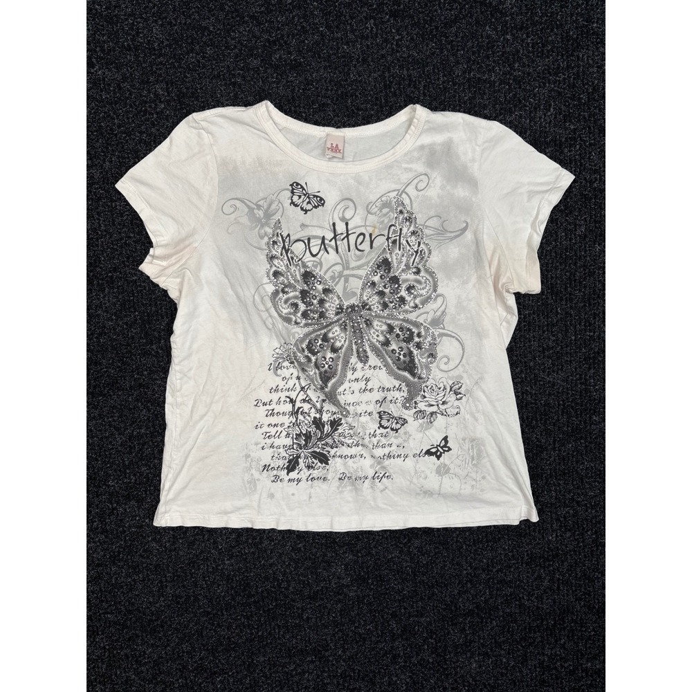 LA Teez Womens 2X White Butterfly Graphic Rhinestone Y2K Short Sleeve T-Shirt
